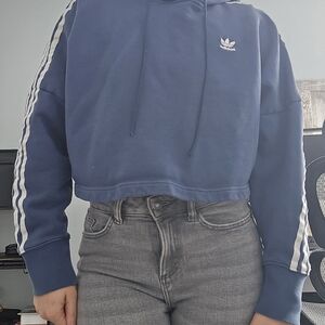 Adidas Blue Cropped Hoodie with White Stripes